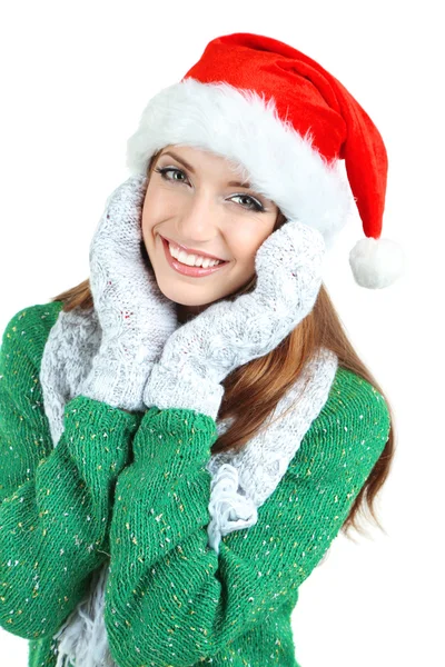 Beautiful smiling girl in New Year hat isolated on white — Stock Photo, Image