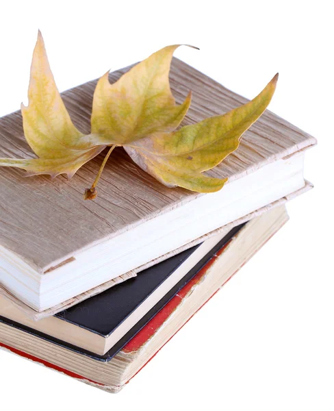 Books and autumn leaf isolated on white — Stock Photo, Image