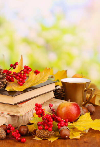 Books and autumn leaves on wooden table on natural background
