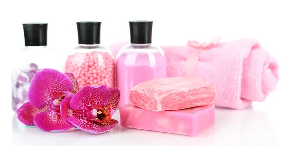 Sea salt, soap and orchid isolated on white — Stock Photo, Image