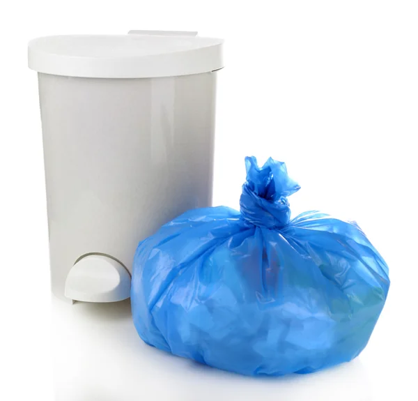 Garbage bin and plastic trash bag, isolated on white — Stock Photo, Image