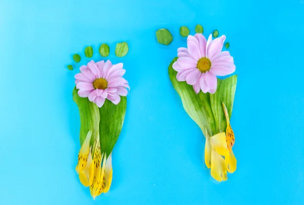 Yaprak ve çiçek mavi zemin üzerine ayak izleri — Stok fotoğraf