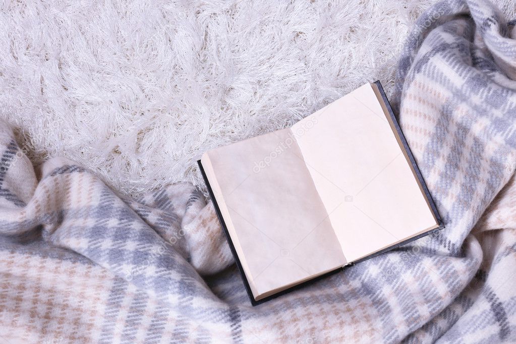 Composition with warm plaid, book, on color carpet background