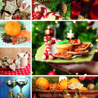 lezzetli yemekler, içecekler ve süslemeleri ile Noel kolaj