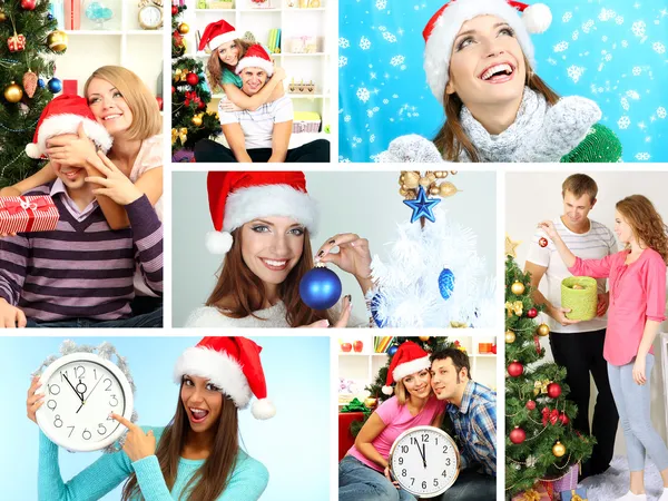 Collage einer glücklichen Familie, die Weihnachten zu Hause feiert — Stockfoto