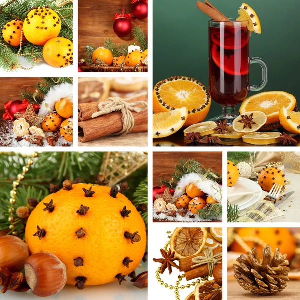 Colagem de Natal com comida saborosa, bebidas e decorações — Fotografia de Stock