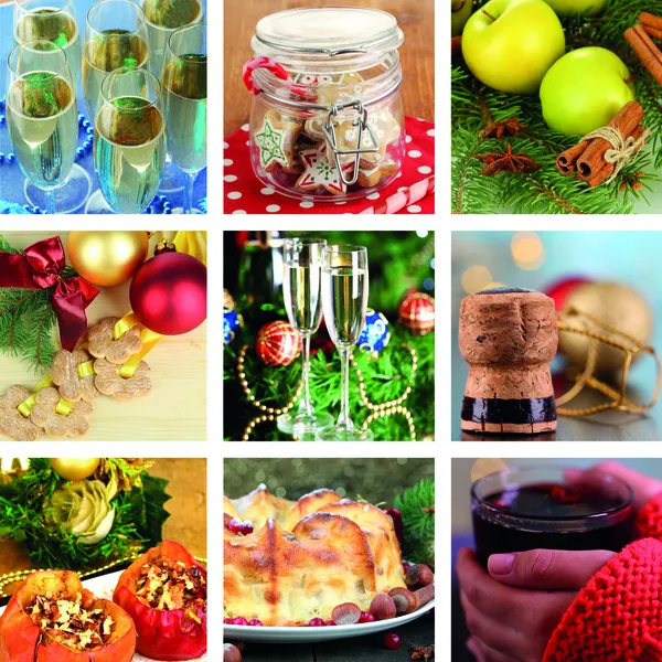 Jul kollage med god mat, drinkar och dekorationer — Stockfoto