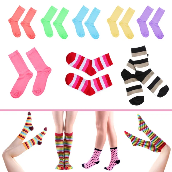 Kollázs a női lábak színes zoknit, és zokni — Stock Fotó