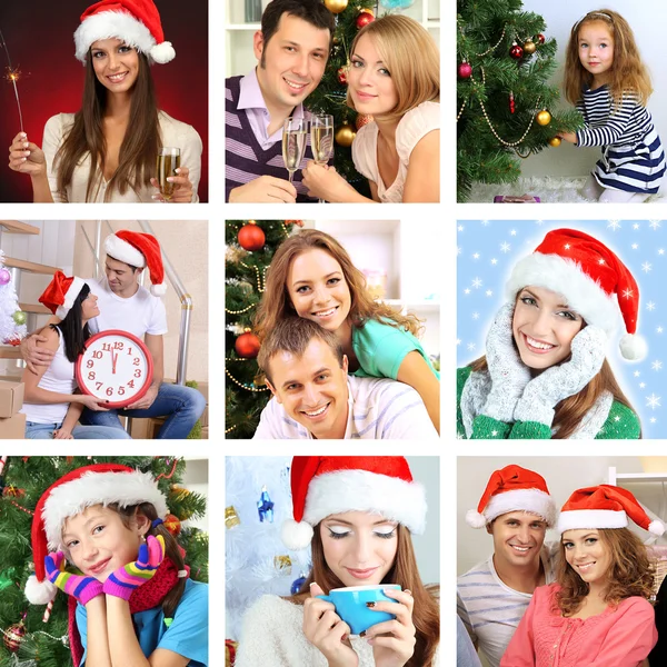 Colagem de família feliz celebrando o Natal em casa — Fotografia de Stock