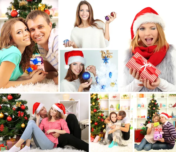 Collage av lycklig familj firar jul hemma — Stockfoto