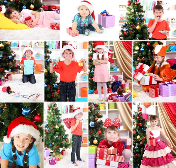 Mutlu bir aile kutlama Noel evde kolaj — Stok fotoğraf