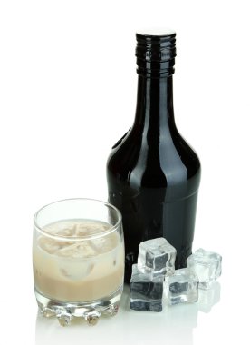 Baileys liqueur in bottle and glass isolated on white clipart