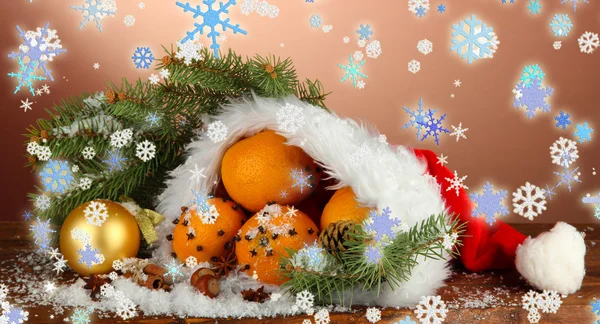 Kerstmis samenstelling met sinaasappels en fir tree in Kerstman hoed — Stockfoto