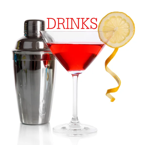 Red cocktail in martini glass with shaker isolated on white — Stock Photo, Image