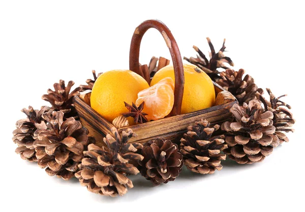 Christmas tangerines in basket isolated white — Stock Photo, Image