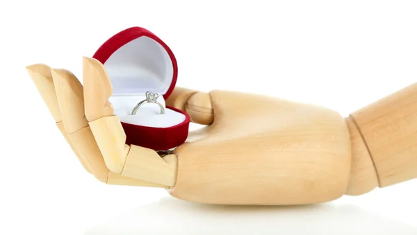 Caixa com anel em mão de madeira isolada em branco — Fotografia de Stock