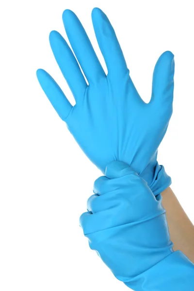 Γιατρός φοράει προστατευτικά γάντια, απομονώνονται σε λευκό — Φωτογραφία Αρχείου