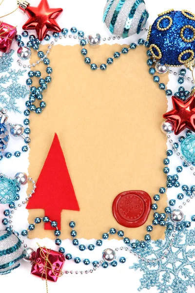 Frame with vintage paper and Christmas decorations close up — Stock Photo, Image