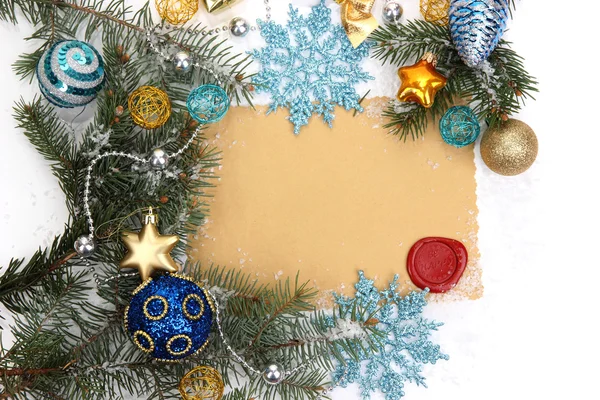 Frame with vintage paper and Christmas decorations close up — Stock Photo, Image