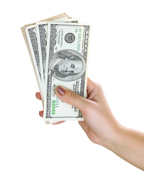Женская рука с долларами крупным планом, изолированная на белом — стоковое фото