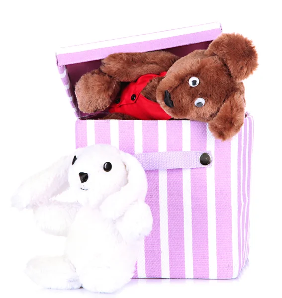 Textil låda med leksaker, isolerad på vit — Stockfoto