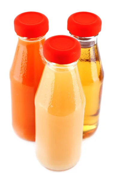 Bébiétel (gyümölcslevek) üvegedények, elszigetelt fehér — Stock Fotó