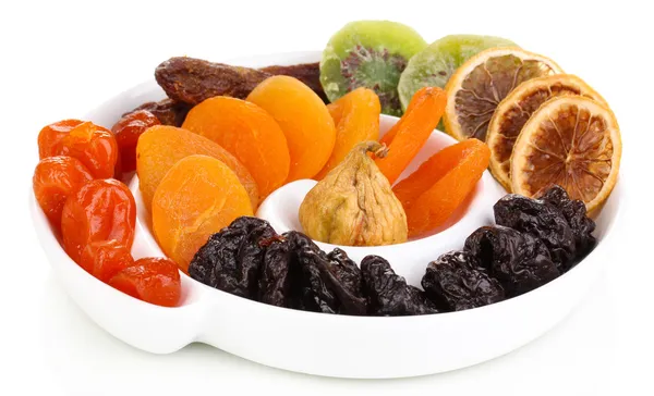 Dried fruits on plate isolated on white — Stock Photo, Image