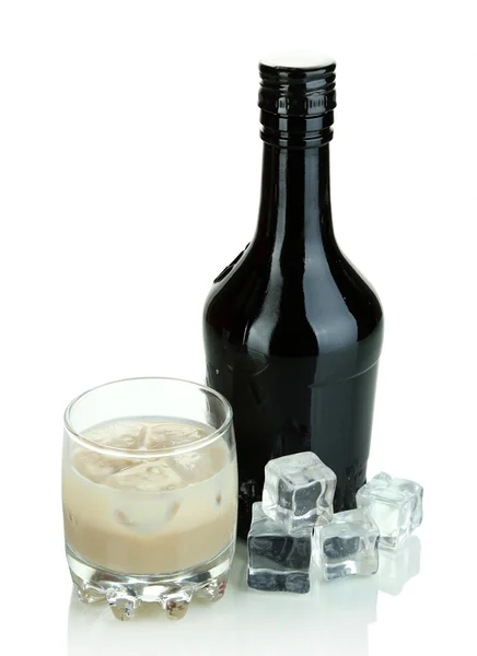 Baileys liqueur in bottle and glass isolated on white — Stock Photo, Image