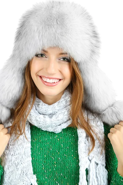아름 다운 웃는 소녀 모자 흰색 절연 — 스톡 사진