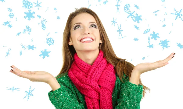 Beautiful smiling girl in warm knit scarf isolated on white — Stock Photo, Image