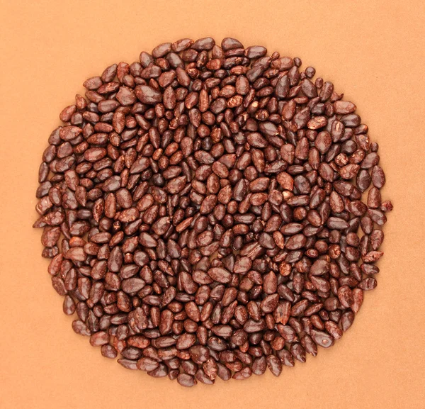 Sunflower grains in chocolate, on brown background — Stock Photo, Image