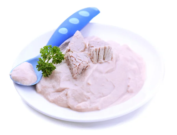 Pasta di carne per l'alimentazione dei lattanti, su piastra, isolata su bianco — Foto Stock