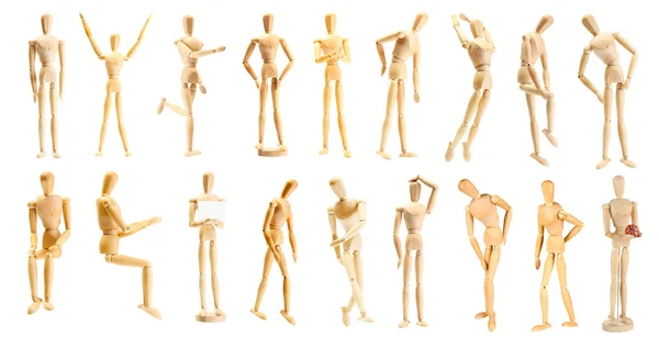 Koláž dřevěné figuríny v různých pozicích — Stock fotografie