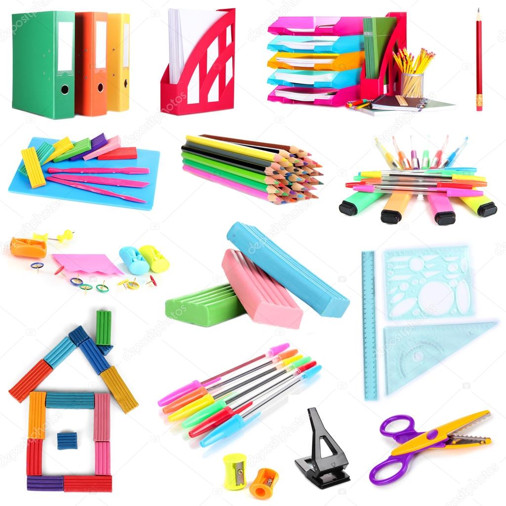 Collage Of School Supplies Isolated On White Stock Photo, Picture and  Royalty Free Image. Image 26969868.