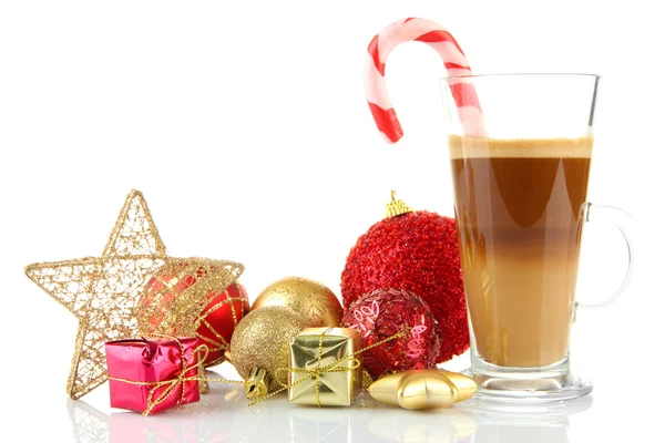 Cup of hot coffee with Christmas decorations isolated on white — Stock Photo, Image