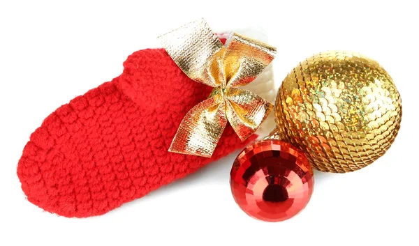 Red winter mitten with Christmas toys isolated on whited — Stock Photo, Image