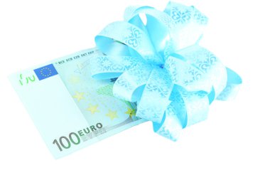 Euro banknot üzerinde beyaz izole mavi fiyonklu