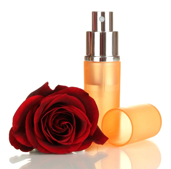 Women's perfume in beautiful bottle with rose isolated on white — Stock Photo, Image
