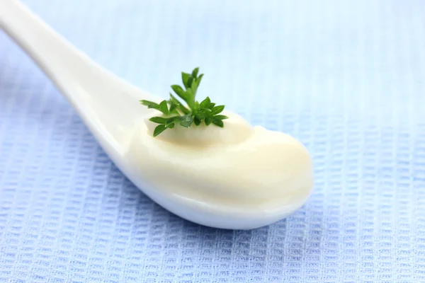 Crema agria en cuchara de primer plano — Foto de Stock