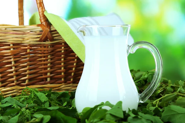 Pitcher of milk and basket on grass on nature background — Stock Photo, Image