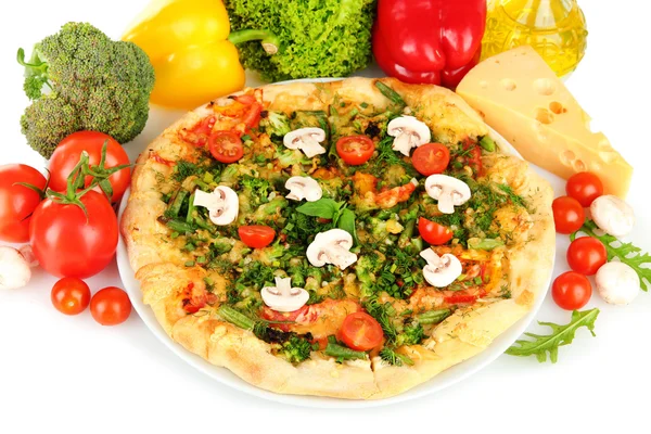 Tasty vegetarian pizza and vegetables, isolated on white — Stock Photo, Image