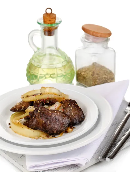 Appetizing fried chicken livers on plate isolated on white — Stock Photo, Image