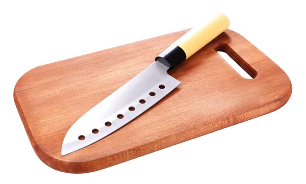 Coltello da cucina e tagliere in legno, isolato su bianco — Foto Stock