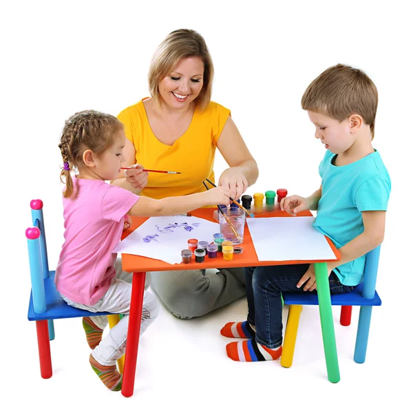 Little children drawing with mom isolated on white — Stock Photo, Image