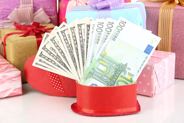 Gift boxes with money close up — Stock Photo, Image