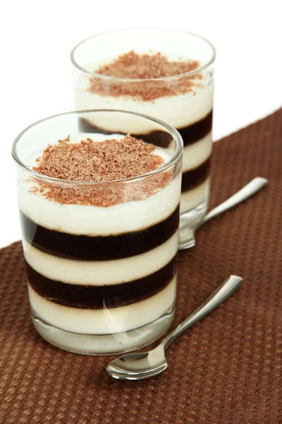 Café geleia saboroso com leite na mesa no fundo branco — Fotografia de Stock