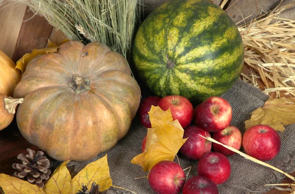 Pumpkins and apples on sackcloth with watermelon on straw close up — Stock Photo, Image