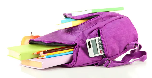 紫色背包，学校用品用白色隔开 — 图库照片