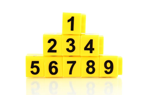 Educational cubes with different numbers isolated on white — Stock Photo, Image