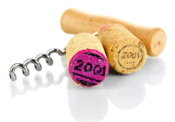 Wine corks with corkscrew isolated on white — Stock Photo, Image